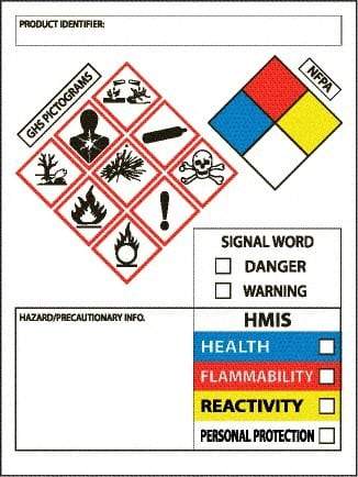 NMC - Hazardous Materials Label, Header: WARNING - Legend: GHS - Graphic, English, White, Red, Blue, Yellow & Black, 3" Long x 4" High, No Coating - Eagle Tool & Supply