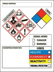 NMC - Hazardous Materials Label, Header: WARNING - Legend: GHS - Graphic, English, White, Red, Blue, Yellow & Black, 3" Long x 4" High, No Coating - Eagle Tool & Supply