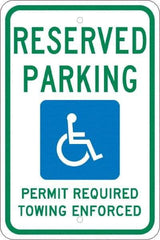 NMC - "Reserved Parking Permit Required Towing Enforced", "Handicap Symbol", 12" Wide x 18" High, Aluminum Reserved Parking Signs - 0.08" Thick, Green & Blue on White, Engineer Grade Reflectivity, Rectangle, Post Mount - Eagle Tool & Supply