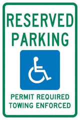 NMC - "Reserved Parking Permit Required Towing Enforced", "Handicap Symbol", 12" Wide x 18" High, Aluminum Reserved Parking Signs - 0.04" Thick, Green & Blue on White, Rectangle, Post Mount - Eagle Tool & Supply