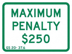 NMC - "Maximum Penalty $250", 12" Wide x 9" High, Aluminum No Parking & Tow Away Signs - 0.04" Thick, Green on White, Rectangle, Post Mount - Eagle Tool & Supply