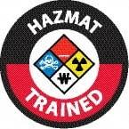 NMC - Haz Mat Trained, Hard Hat Label - Round, Blue, Red, Yellow & Black on White, 0.004" Thick, Indoor or Outdoor, Adhesive Backed, For Accident Prevention - Eagle Tool & Supply