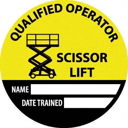 NMC - Safety Trained Scissor Lift - Name ____ Date Trained ____, Hard Hat Label - Round, Yellow, Black, White, 0.004" Thick, Indoor or Outdoor, Adhesive Backed, For Accident Prevention - Eagle Tool & Supply