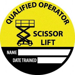 NMC - Safety Trained Scissor Lift - Name ____ Date Trained ____, Hard Hat Label - Round, Yellow, Black, White, 0.004" Thick, Indoor or Outdoor, Adhesive Backed, For Accident Prevention - Eagle Tool & Supply