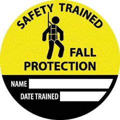 NMC - Safety Trained Fall Protection - Name ____ Date Trained ____, Hard Hat Label - Round, Yellow, Black, White, 0.004" Thick, Indoor or Outdoor, Adhesive Backed, For Accident Prevention - Eagle Tool & Supply