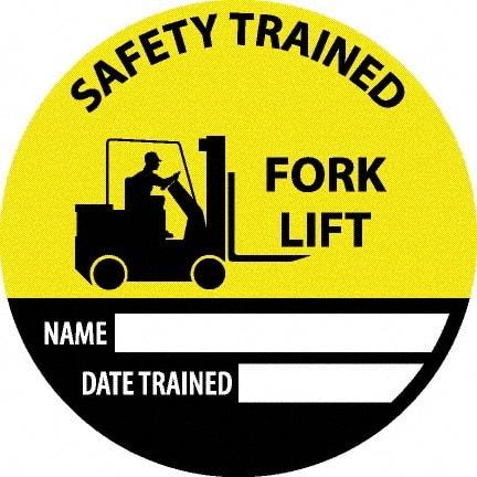 NMC - Safety Trained Fork Lift - Name ____ Date Trained ____, Hard Hat Label - Round, Yellow, Black, White, 0.004" Thick, Indoor or Outdoor, Adhesive Backed, For Accident Prevention - Eagle Tool & Supply