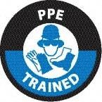 NMC - PPE Trained, Hard Hat Label - Round, Black & Blue on White, 0.004" Thick, Indoor or Outdoor, Adhesive Backed, For Accident Prevention - Eagle Tool & Supply