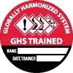 NMC - Globally Harmonized System GHS Trained - Name ____ Date Trained ____, Hard Hat Label - Round, Black & White on Red, 0.004" Thick, Indoor or Outdoor, Adhesive Backed, For Accident Prevention - Eagle Tool & Supply