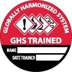 NMC - Globally Harmonized System GHS Trained - Name ____ Date Trained ____, Hard Hat Label - Diamond, Black & White on Red, 0.004" Thick, Indoor or Outdoor, Adhesive Backed, For Accident Prevention - Eagle Tool & Supply