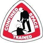 NMC - Confined Space Trained, Hard Hat Label - Triangle, Black & Red on White, 0.004" Thick, Indoor or Outdoor, Adhesive Backed, For Accident Prevention - Eagle Tool & Supply