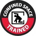 NMC - Confined Space Trained, Hard Hat Label - Round, Black & Red on White, 0.004" Thick, Indoor or Outdoor, Adhesive Backed, For Accident Prevention - Eagle Tool & Supply