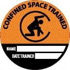 NMC - Confined Space Trained - Name ____ Date Trained ____, Hard Hat Label - Round, Black & Orange on White, 0.004" Thick, Indoor or Outdoor, Adhesive Backed, For Accident Prevention - Eagle Tool & Supply