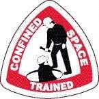 NMC - Confined Space Trained, Hard Hat Label - Triangle, Black & Red on White, 0.004" Thick, Indoor or Outdoor, Adhesive Backed, For Accident Prevention - Eagle Tool & Supply