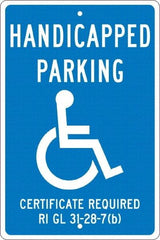 NMC - "Handicapped Parking Certificate Required", "Handicap Symbol", 12" Wide x 18" High, Aluminum ADA Signs - 0.063" Thick, White on Blue, Rectangle, Post Mount - Eagle Tool & Supply