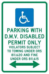 NMC - "Parking With D.M.V. Disabled Permit Only", "Double Arrow, Handicapped Symbol", 12" Wide x 18" High, Aluminum ADA Signs - 0.04" Thick, Green & Blue on White, Rectangle, Post Mount - Eagle Tool & Supply