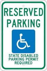 NMC - "Reserved Parking State Disabled Parking Permit Required", "Handicap Symbol", 12" Wide x 18" High, Aluminum ADA Signs - 0.08" Thick, Green & Blue on White, Engineer Grade Reflectivity, Rectangle, Post Mount - Eagle Tool & Supply