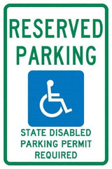 NMC - "Reserved Parking State Disabled Parking Permit Required", "Handicap Symbol", 12" Wide x 18" High, Aluminum ADA Signs - 0.04" Thick, Green & Blue on White, Rectangle, Post Mount - Eagle Tool & Supply