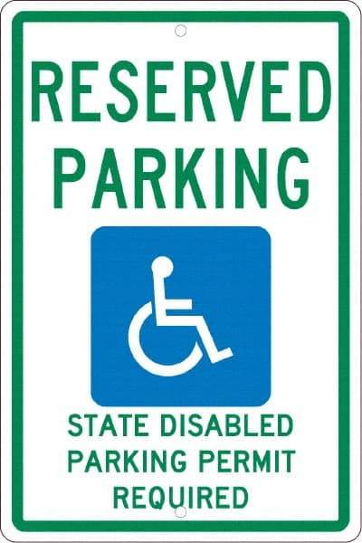 NMC - "Reserved Parking State Disabled Parking Permit Required", "Handicap Symbol", 12" Wide x 18" High, Aluminum ADA Signs - 0.063" Thick, Green & Blue on White, Rectangle, Post Mount - Eagle Tool & Supply