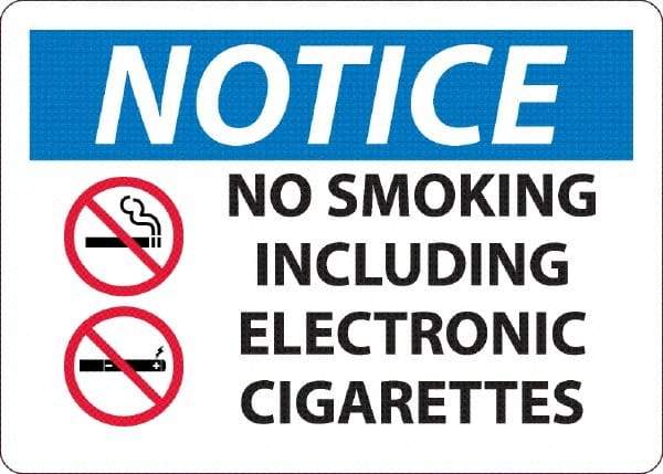 NMC - "No Smoking Including Electronic Cigarettes", 10" Long x 14" Wide, Rigid Plastic Safety Sign - Rectangle, 0.045" Thick, Use for Smoking Regulations - Eagle Tool & Supply