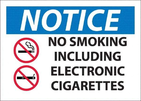 NMC - "No Smoking Including Electronic Cigarettes", 10" Long x 14" Wide, Pressure-Sensitive Vinyl Safety Sign - Rectangle, 0.045" Thick, Use for Smoking Regulations - Eagle Tool & Supply