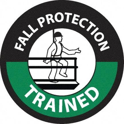 NMC - Fall Protection Trained, Hard Hat Label - Diamond, White & Green on Black, 0.004" Thick, Indoor or Outdoor, Adhesive Backed, For Accident Prevention - Eagle Tool & Supply