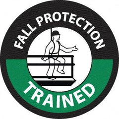 NMC - Fall Protection Trained, Hard Hat Label - Round, White & Green on Black, 0.004" Thick, Indoor or Outdoor, Adhesive Backed, For Accident Prevention - Eagle Tool & Supply