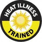 NMC - Heat Illness Trained, Hard Hat Label - Round, White & Yellow on Black, 0.004" Thick, Indoor or Outdoor, Adhesive Backed, For Accident Prevention - Eagle Tool & Supply