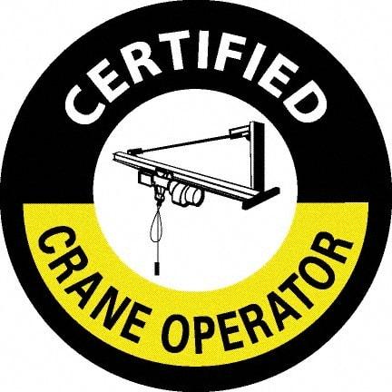 NMC - Certified Crane Operator, Hard Hat Label - Round, White & Yellow on Black, 0.004" Thick, Indoor or Outdoor, Adhesive Backed, For Certified Operator - Eagle Tool & Supply