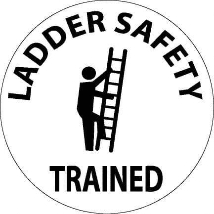 NMC - Ladder Safety Trained, Hard Hat Label - Round, Black on White, 0.004" Thick, Indoor or Outdoor, Adhesive Backed, For Accident Prevention - Eagle Tool & Supply