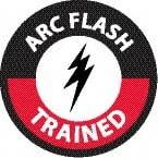 NMC - Arc Flash Trained, Hard Hat Label - Round, White & Red on Black, 0.004" Thick, Indoor or Outdoor, Adhesive Backed, For Accident Prevention - Eagle Tool & Supply