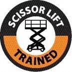 NMC - Scissor Lift Trained, Hard Hat Label - Round, Black & Orange on White, 0.004" Thick, Indoor or Outdoor, Adhesive Backed, For Accident Prevention - Eagle Tool & Supply