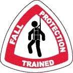 NMC - Fall Protection Trained, Hard Hat Label - Diamond, Black & Red on White, 0.004" Thick, Indoor or Outdoor, Adhesive Backed, For Accident Prevention - Eagle Tool & Supply