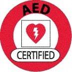 NMC - AED Certified, Hard Hat Label - Round, Black & Red on White, 0.004" Thick, Indoor or Outdoor, Adhesive Backed, For Certified Operator - Eagle Tool & Supply