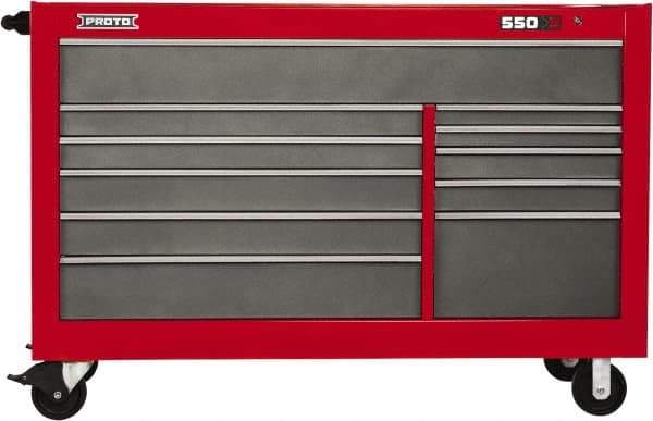 Proto - 35,917 Lb Capacity, 11 Drawer Mobile Workstation - 66" Wide x 27" Deep x 46" High, Steel, Safety Red & Gray - Eagle Tool & Supply