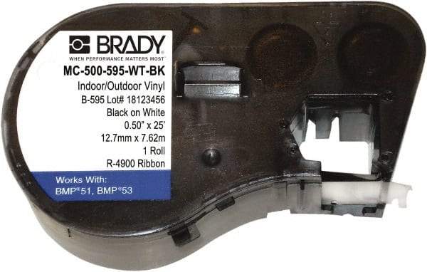 Brady - 1/2" Wide, Black & White Vinyl Labels - For BMP41 Label Printer, BMP51 Label Printer, BMP53 Label Printer - Eagle Tool & Supply