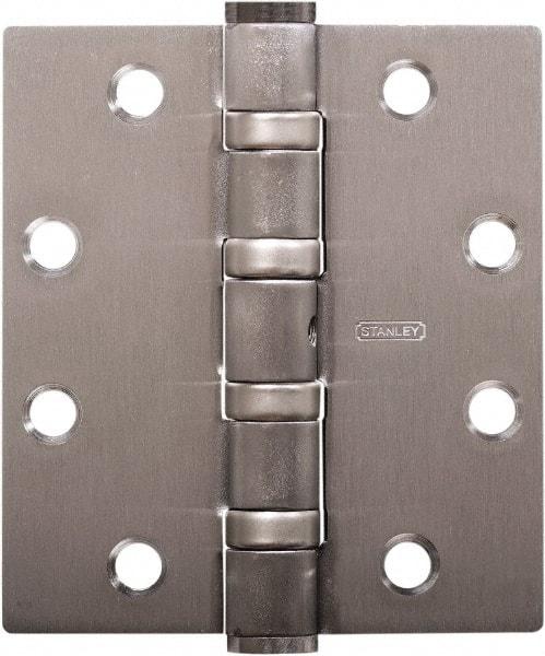 Stanley - 5" Long x 5" Wide Carbon Alloy Steel Full Mortise Hinge - Satin Chrome Plated Finish, 5 Knuckles, 8 Holes - Eagle Tool & Supply