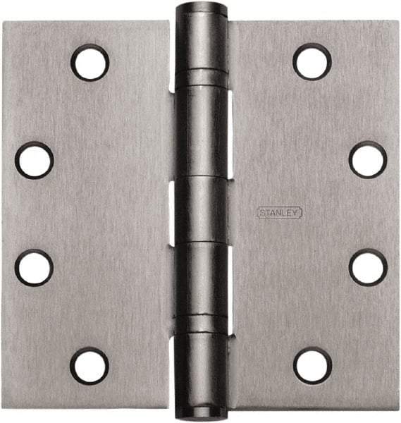 Stanley - 5" Long x 5" Wide Carbon Alloy Steel Full Mortise Hinge - Satin Chrome Plated Finish, 5 Knuckles, 8 Holes - Eagle Tool & Supply