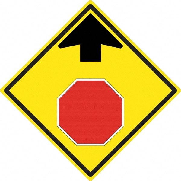 NMC - "Up Arrow, Stop Symbol", 24" Wide x 24" High, Aluminum Stop & Yield Signs - 0.08" Thick, Red & Black on Yellow, High Intensity Reflectivity, Diamond, Post Mount - Eagle Tool & Supply