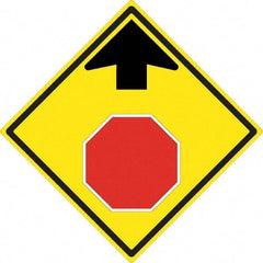 NMC - "Up Arrow, Stop Symbol", 24" Wide x 24" High, Aluminum Stop & Yield Signs - 0.08" Thick, Red & Black on Yellow, High Intensity Reflectivity, Diamond, Post Mount - Eagle Tool & Supply