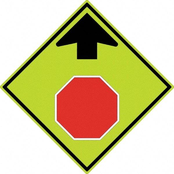 NMC - "Up Arrow, Stop Symbol", 30" Wide x 30" High, Aluminum Stop & Yield Signs - 0.08" Thick, Red & Black on Yellow, Diamond Grade Reflectivity, Diamond, Post Mount - Eagle Tool & Supply