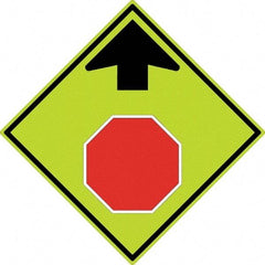 NMC - "Up Arrow, Stop Symbol", 30" Wide x 30" High, Aluminum Stop & Yield Signs - 0.08" Thick, Red & Black on Yellow, Diamond Grade Reflectivity, Diamond, Post Mount - Eagle Tool & Supply