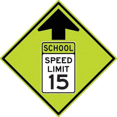 NMC - "School Speed Limit 15", "Up Arrow", 30" Wide x 30" High, Aluminum Warning & Safety Reminder Signs - 0.08" Thick, Black/Green, Diamond Grade Reflectivity, Diamond, Post Mount - Eagle Tool & Supply