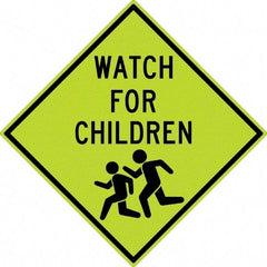 NMC - "Watch For Children", "Children Running", 30" Wide x 30" High, Aluminum Warning & Safety Reminder Signs - 0.08" Thick, Black on Yellow, Diamond Grade Reflectivity, Diamond, Post Mount - Eagle Tool & Supply