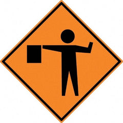 NMC - "Worker w/Directional Flag", 30" Wide x 30" High, Aluminum Construction Roadway Signs - 0.08" Thick, Black on Orange, High Intensity Reflectivity, Diamond, Post Mount - Eagle Tool & Supply