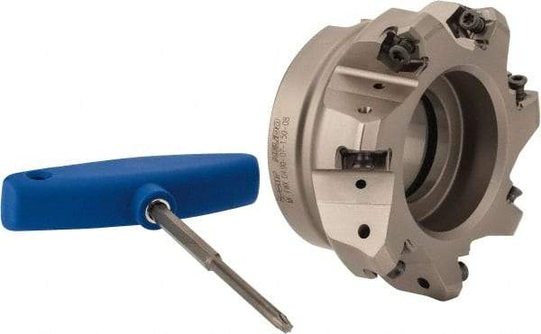 Iscar - 3.398" Cut Diam, 1-1/2" Arbor Hole, 0.138" Max Depth of Cut, 30° Indexable Chamfer & Angle Face Mill - 7 Inserts, H600 WXCU 08 Insert, Right Hand Cut, 7 Flutes, Through Coolant, Series Helido - Eagle Tool & Supply