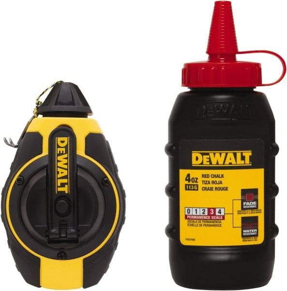 DeWALT - 100' Long Reel & Chalk Set - Yellow & Black, Includes 4 oz Red Chalk - Eagle Tool & Supply