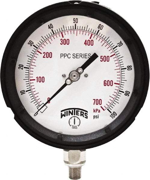 Winters - 4-1/2" Dial, 1/4 Thread, 0-100 Scale Range, Pressure Gauge - Bottom Connection Mount, Accurate to ±0.5% of Scale - Eagle Tool & Supply