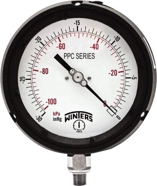 Winters - 4-1/2" Dial, 1/4 Thread, 30" HG Vac Scale Range, Pressure Gauge - Bottom Connection Mount, Accurate to ±0.5% of Scale - Eagle Tool & Supply