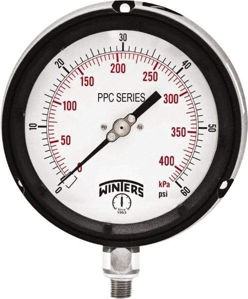 Winters - 4-1/2" Dial, 1/4 Thread, 0-60 Scale Range, Pressure Gauge - Bottom Connection Mount, Accurate to ±0.5% of Scale - Eagle Tool & Supply