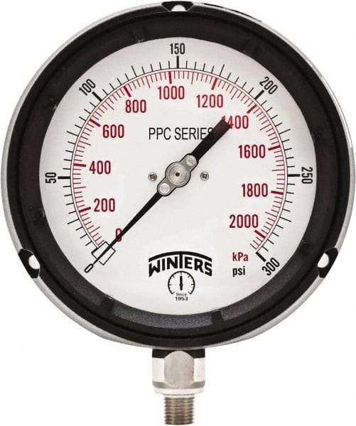 Winters - 4-1/2" Dial, 1/4 Thread, 0-300 Scale Range, Pressure Gauge - Bottom Connection Mount, Accurate to ±0.5% of Scale - Eagle Tool & Supply